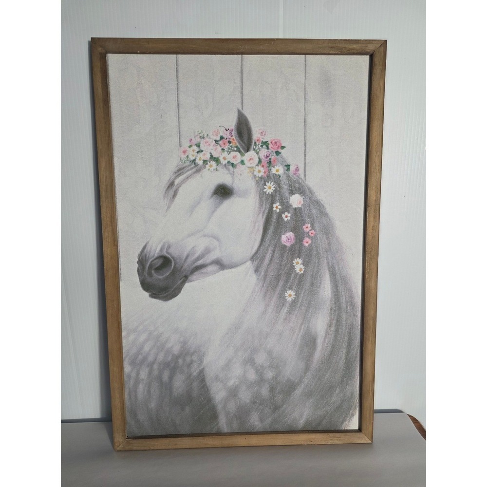 Farmhouse Horse Floral Crown Wall Art Canvas Framed Rustic Decor